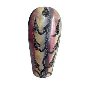 Decorative Vase Soap Stone Etched Plant Tree Life Yellow Red Heavy 6.5 Inch Tall